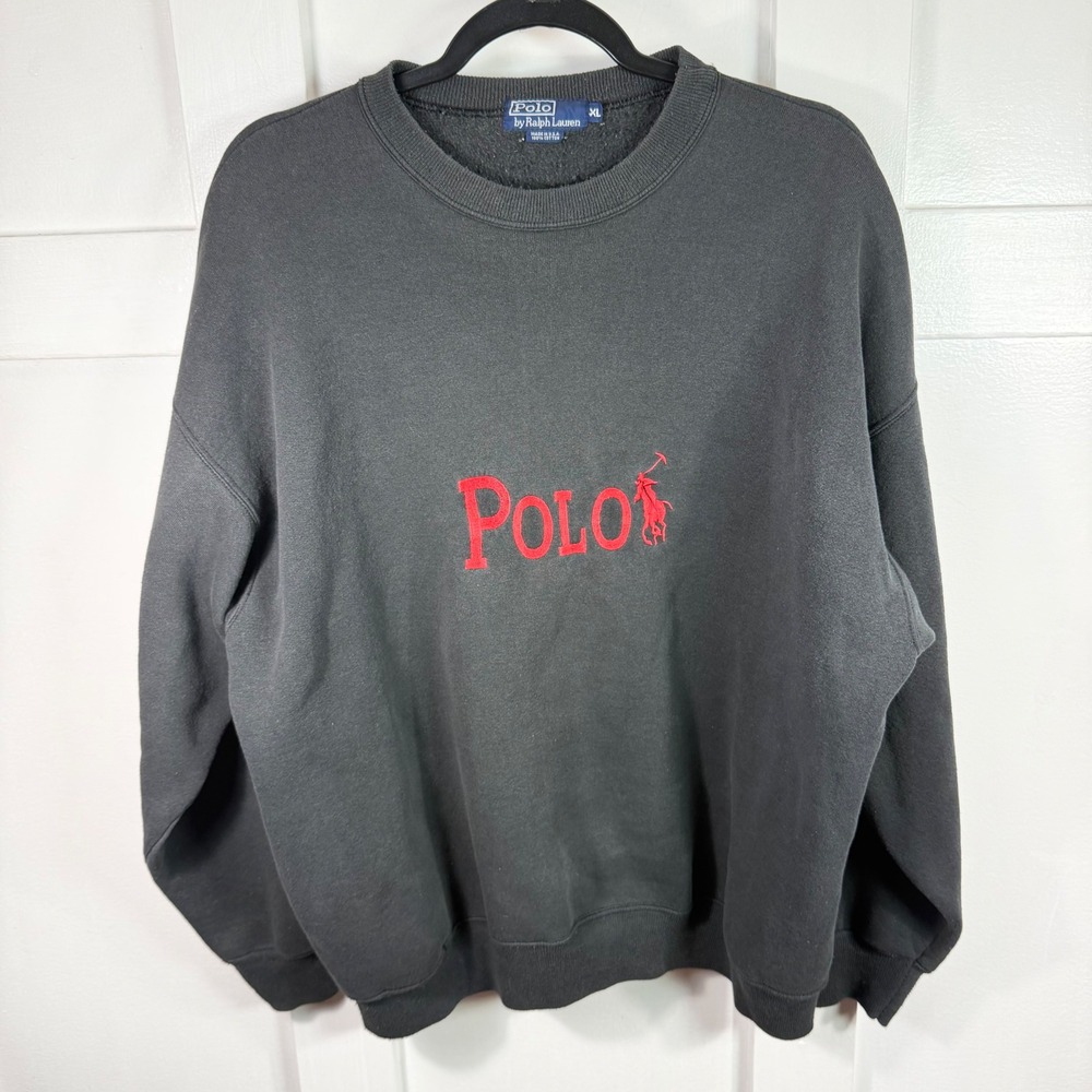 Vintage 90s Polo Ralph Lauren Sweatshirt XL USA Made Black Red Embroidered Polo